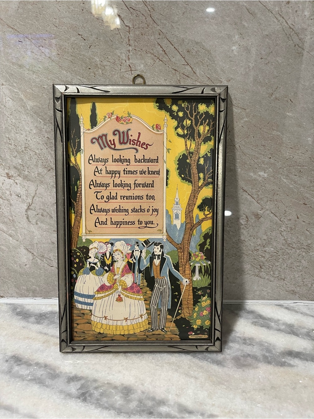 "My Wishes" Antique Morris & Bendien Motto Print - 7x11 Framed Victorian 1930s